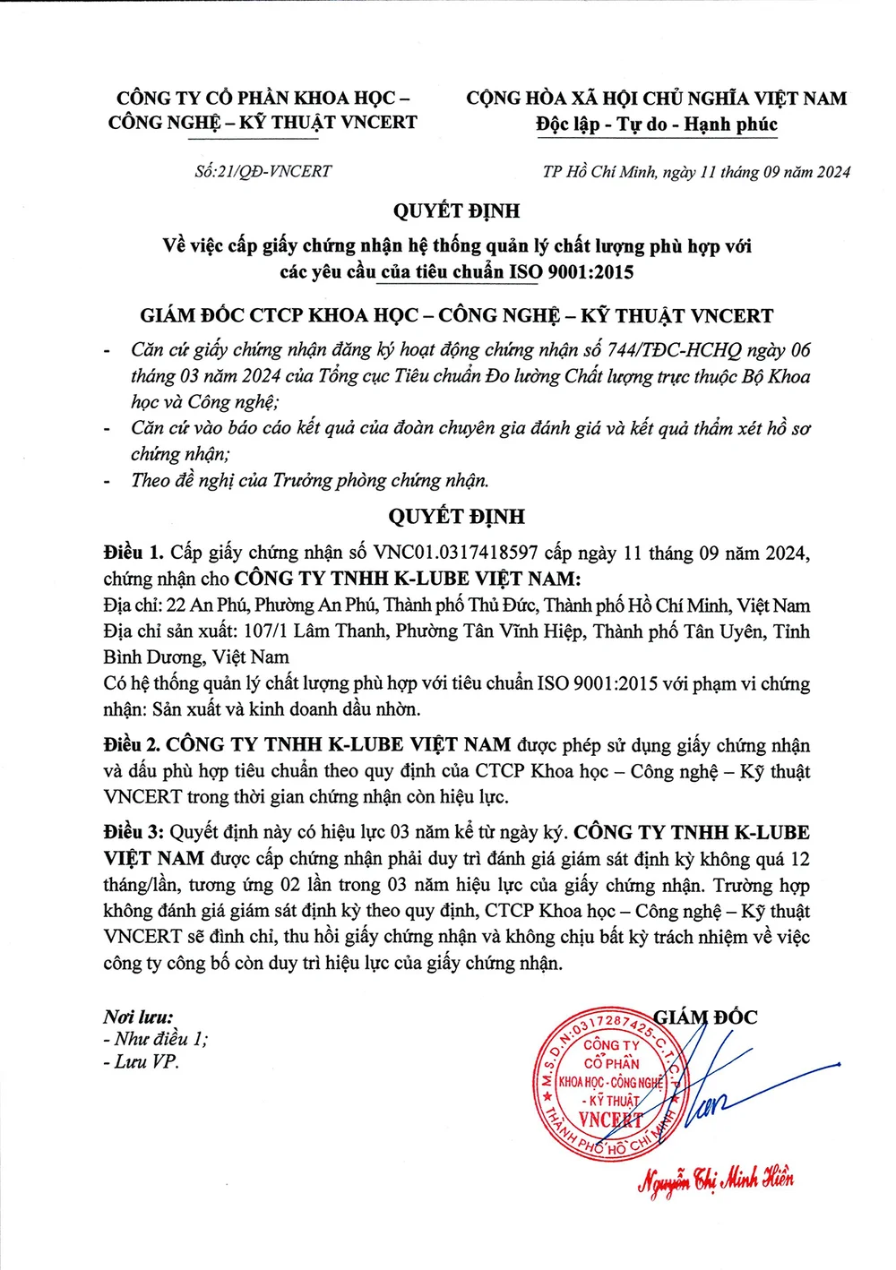 Quyết định cấp chứng nhận ISO 9001:2015
